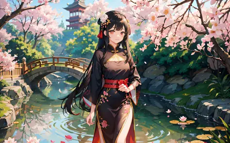 1 adorable Chinese-style girl, gentle and cute, rosy cheeks, almond-shaped eyes, delicate eyebrows, soft smile, flowing black hair, adorned with cherry blossom hairpin, wearing a qipao dress, floral pattern, silk fabric, fluttering sleeves, waistline adorn...