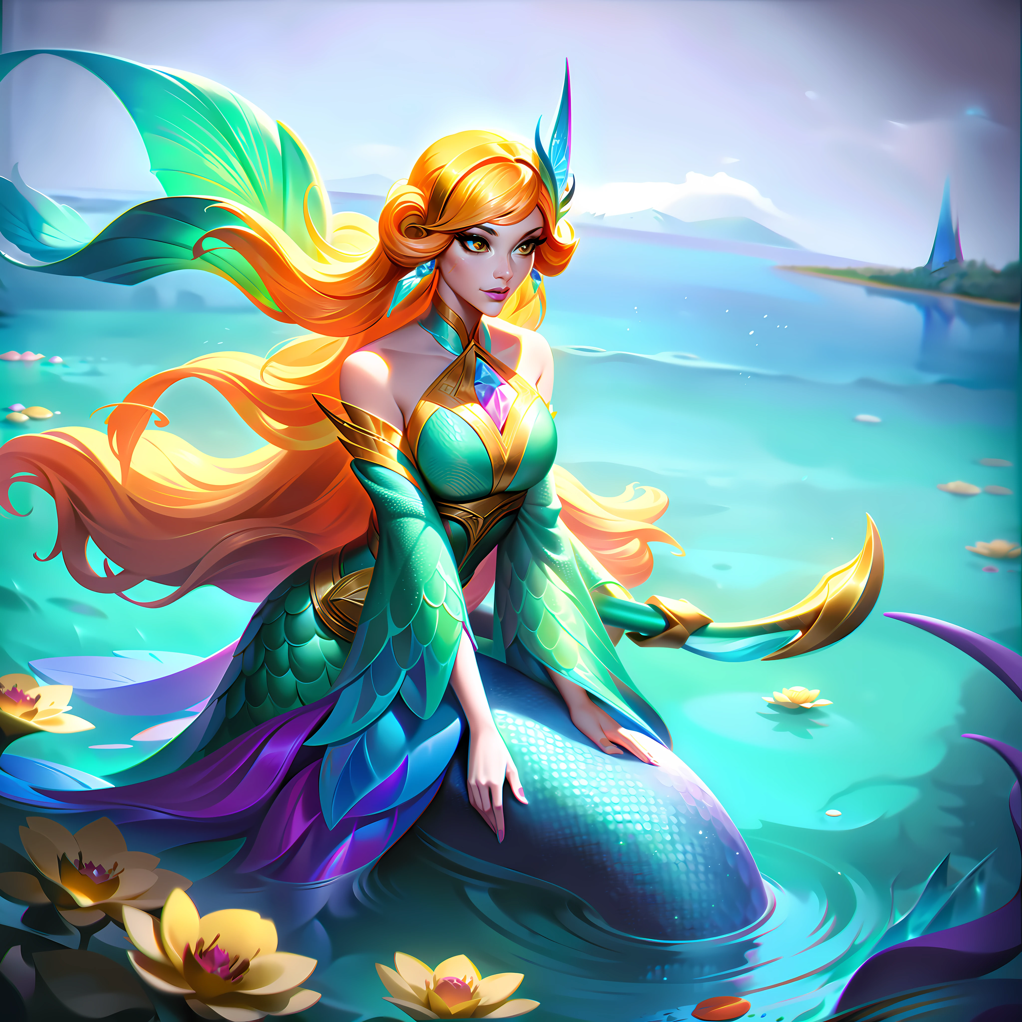 Nami from League of Legends, but with long, curly blonde hair holding her staff with flowers encrusted so that they look like they're shoots, she's sitting gracefully on a rock above a water-green crystalline lake with pale yellow flowers, her mermaid syrup is pearly with yellow pastels and colorful scales with perfect and prestigious shading,  splashart, body lines, vibrant colors, exquisite details, cinematic, artstation, detailed face, by rossdraws, by Kienan Lafferty