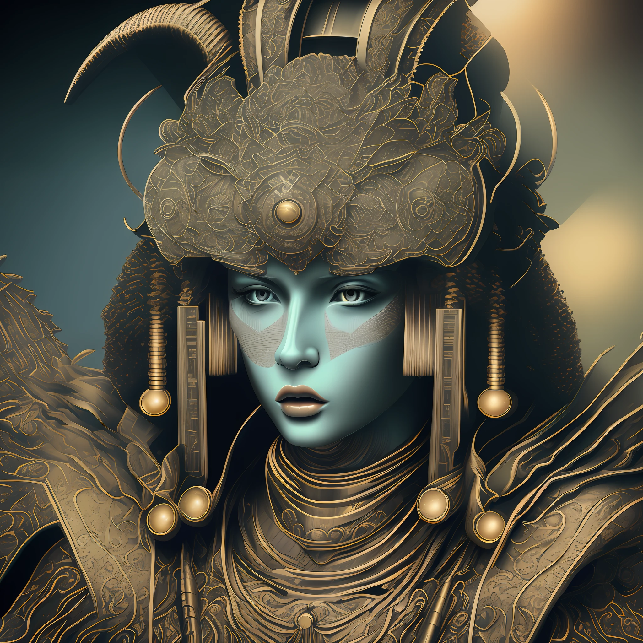 (CyberAngels:1.2) original, masterpiece, best quality, official art, (extremely detailed cg unity 8k wallpaper), (extremely fine and beautiful:1.2), (beautiful and clear background), beautiful portrait of an obsidian goddess, ((brass filigree)), Ivory accessories, intricate, headshot, highly detailed, digital print, artstation, concept art, sharp focus, cinematic lighting, illustration, DaVinci symmetry in background, brass sacred geometry, hyper-realistic, real photograph, intelligent eyes, intricate details on headdress, an ivory horn on each side of headdress