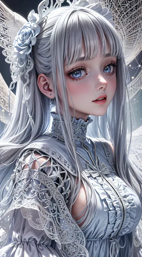 1girl, slender, masterpiece, best quality, absurdres, silver hair, white angel wings, (white lace frills dress, geometric arabesque patterns, abstract zentangle background:1.4), wide angle, dynamic lighting, dramatic lighting, photorealistic, highres, deta...