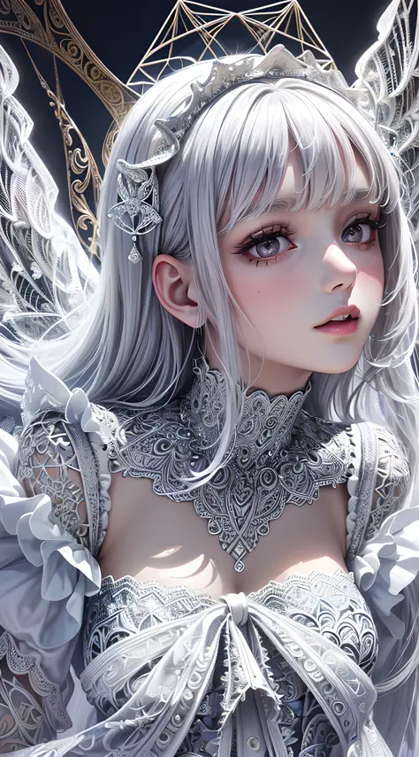 1girl, slender, masterpiece, best quality, absurdres, silver hair, white angel wings, (white lace frills dress, geometric arabesque patterns, abstract zentangle background:1.4), bloom, glow, wide angle, dynamic lighting, dramatic lighting, photorealistic, ...
