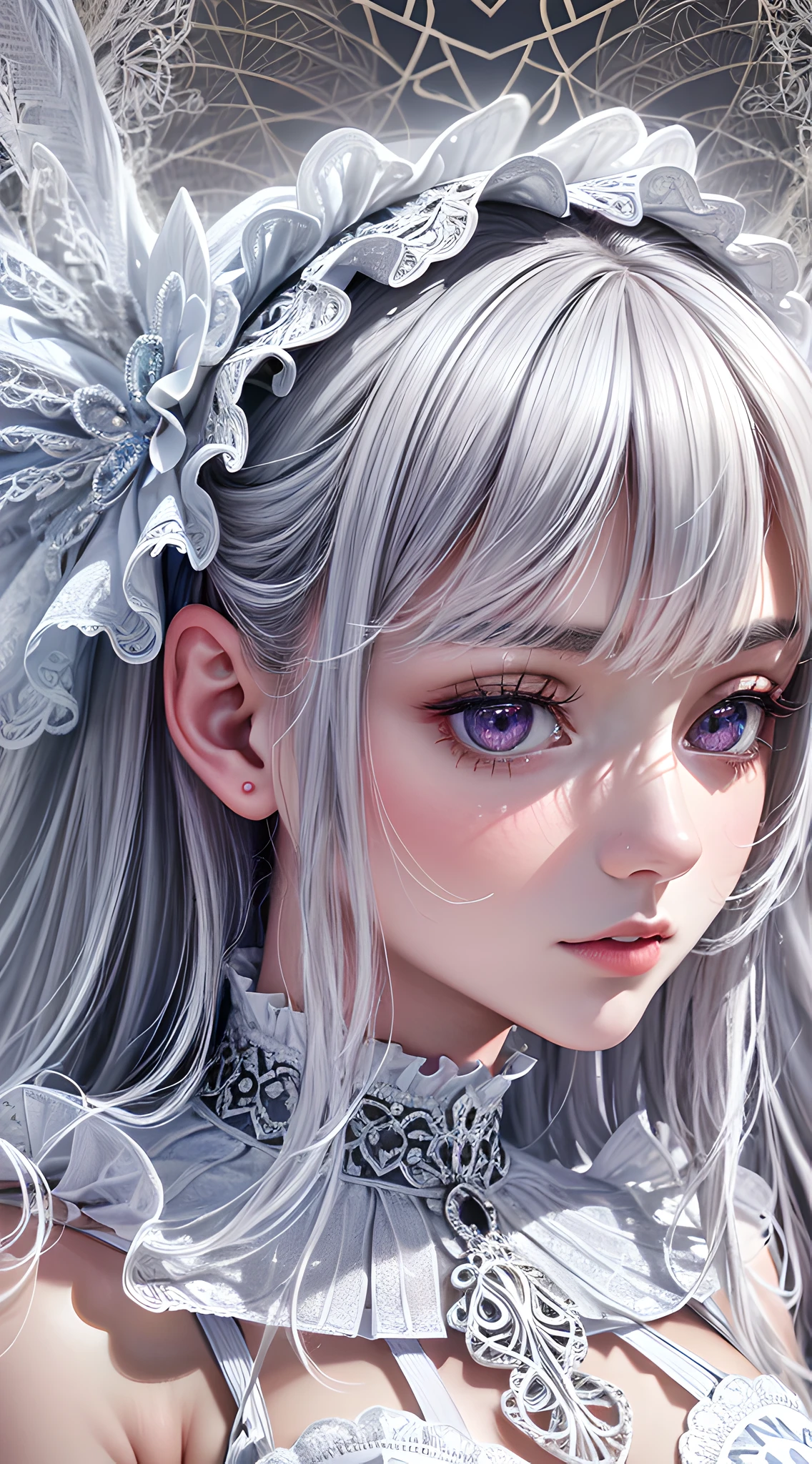 1girl, close up, slender, masterpiece, best quality, absurdres, silver hair, white angel wings, (white lace frills dress, geometric arabesque patterns, abstract zentangle background:1.4), bloom, glow, wide angle, dynamic lighting, dramatic lighting, photorealistic, highres, detailed face and eyes, sharp pupils, realistic pupils, sharp focus, (highest detailed, extreme detailed, ultra detailed, finely detail:1.5), --s2