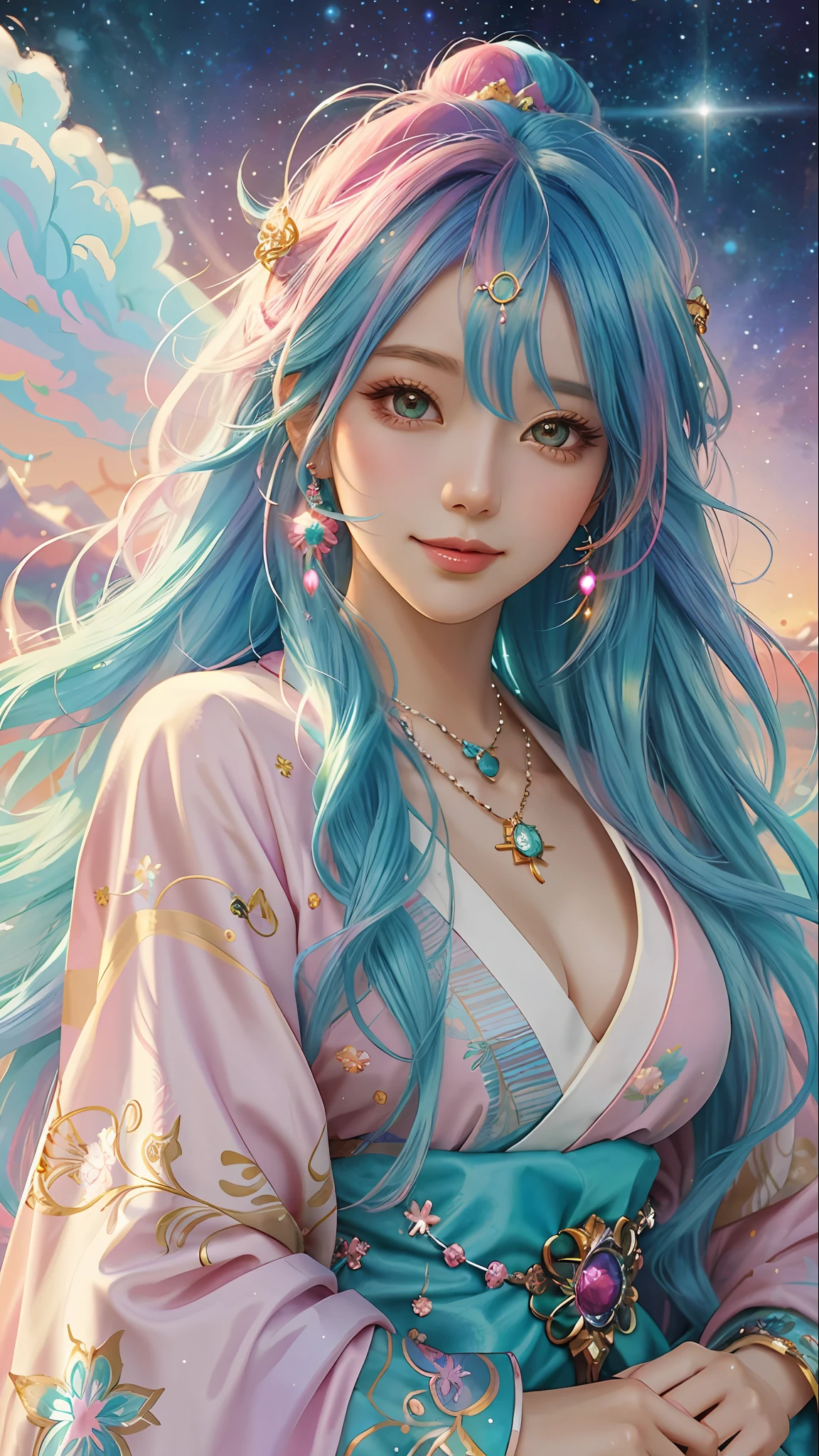 Close-up of a woman with colorful hair and necklace, anime girl with cosmic hair, soft vitality of Rossdraws, artwork in Guvez style, fantasy art style, colorful]", vibrant fantasy style, Rossdraws cartoon full of vitality, cosmic and colorful, Guweiz, colorful digital fantasy art, stunning art style, beautiful anime style, white skin, smile, kimono