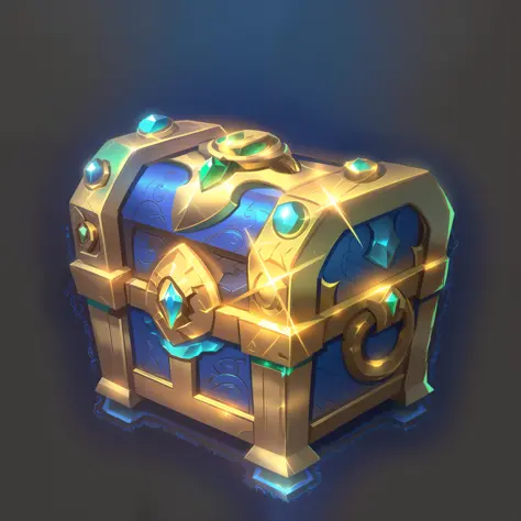 The treasure chest, icon, well-structured, gold and blue chest with a green diamond on top and a gold and blue design on top