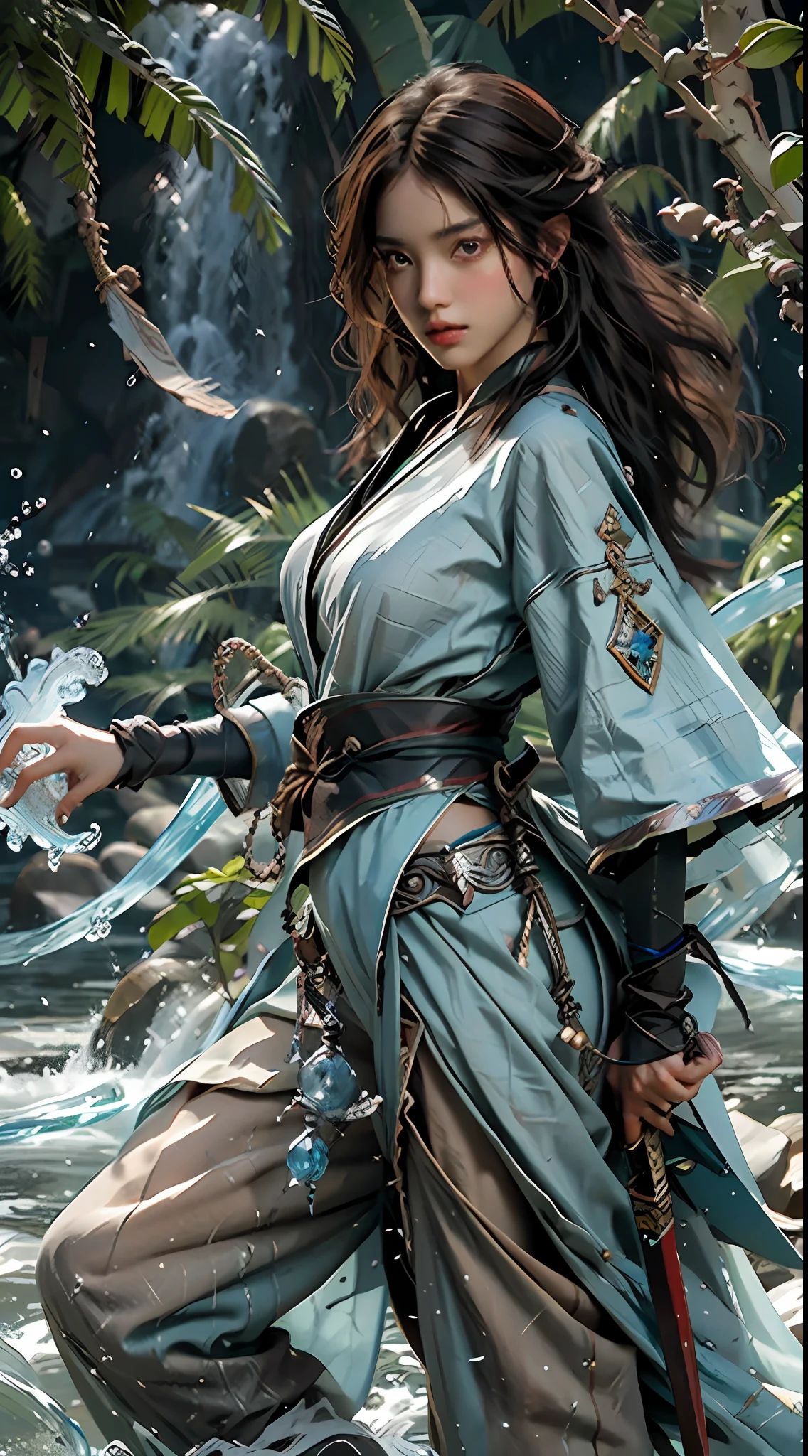 Best quality, masterpiece, super high resolution, jade water tree, 1 girl, solo, brunette hair, water, waves, lips, full body, clear facial features, sword, 16k