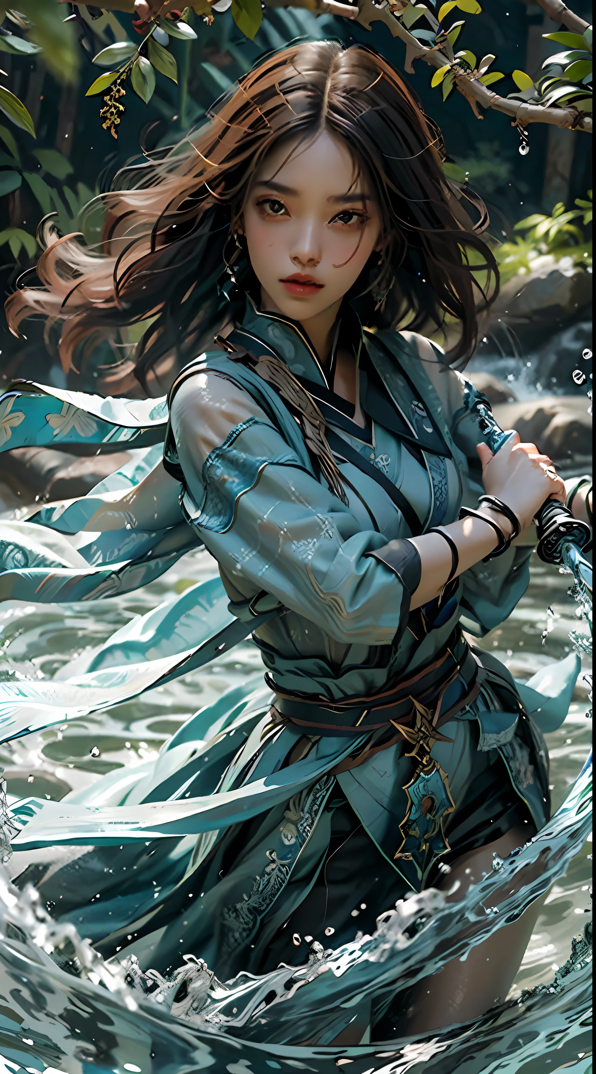 Best quality, masterpiece, super high resolution, jade water tree, 1 girl, solo, brunette hair, water, waves, lips, full body, clear facial features, sword, 16k