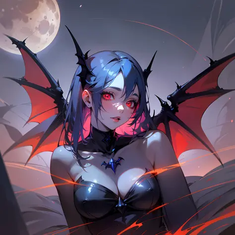 Blue Moon, Night Sky, Beautiful Female Vampire, Bat Wings, Middle Length Hair, Glowing Red Eyes, Realistic and Elaborate Design, Unreal Engine, 8K
