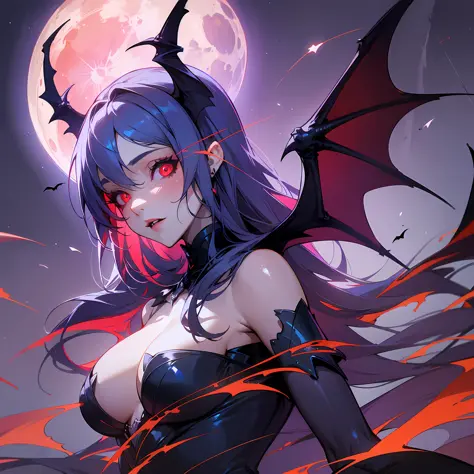 Blue Moon, Night Sky, Beautiful Female Vampire, Bat Wings, Middle Length Hair, Glowing Red Eyes, Realistic and Elaborate Design, Unreal Engine, 8K --auto --s2