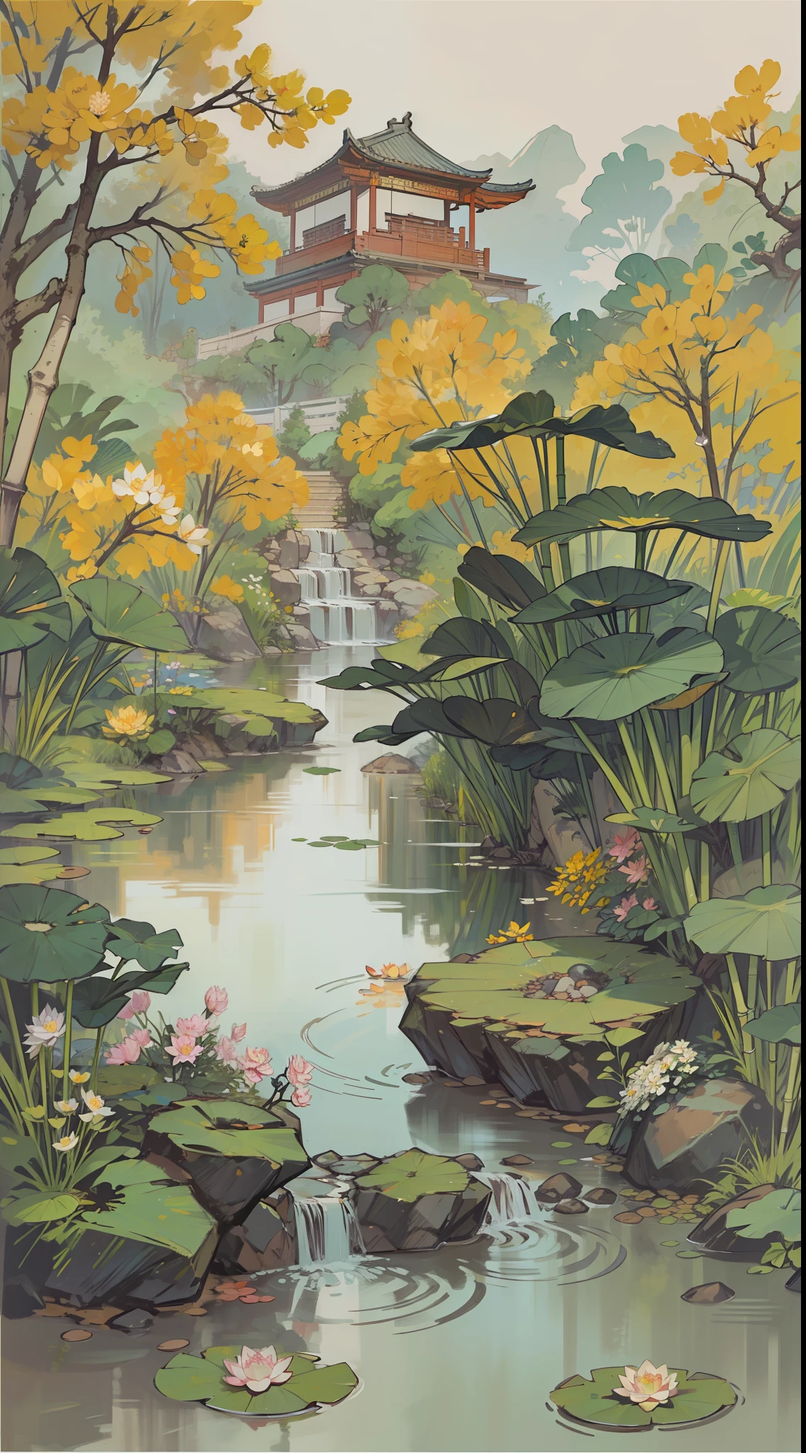 ((最好的品質, 傑作: 1.2)), CG, 8K, 複雜的細節, 電影視角, (周圍沒有人), (中國古代園林), pond filled with lotus 花朵, 岩石, 花朵, 竹林, 瀑布, 樹木繁茂的地區, 小橋橫跨潺潺溪流, detailed foliage and 花朵, (陽光照耀, 波光粼粼的波浪), 和平寧靜的氣氛, ((色彩柔和優雅)), ((精雕細琢的構圖))