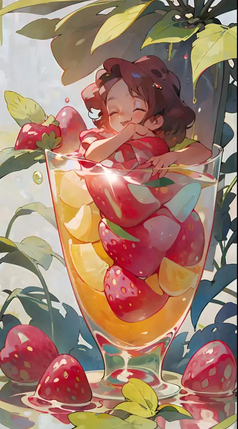 A little girl sitting in a glass, happily tasting strawberries, cool liquid, sunlight, shade, summer, pink,