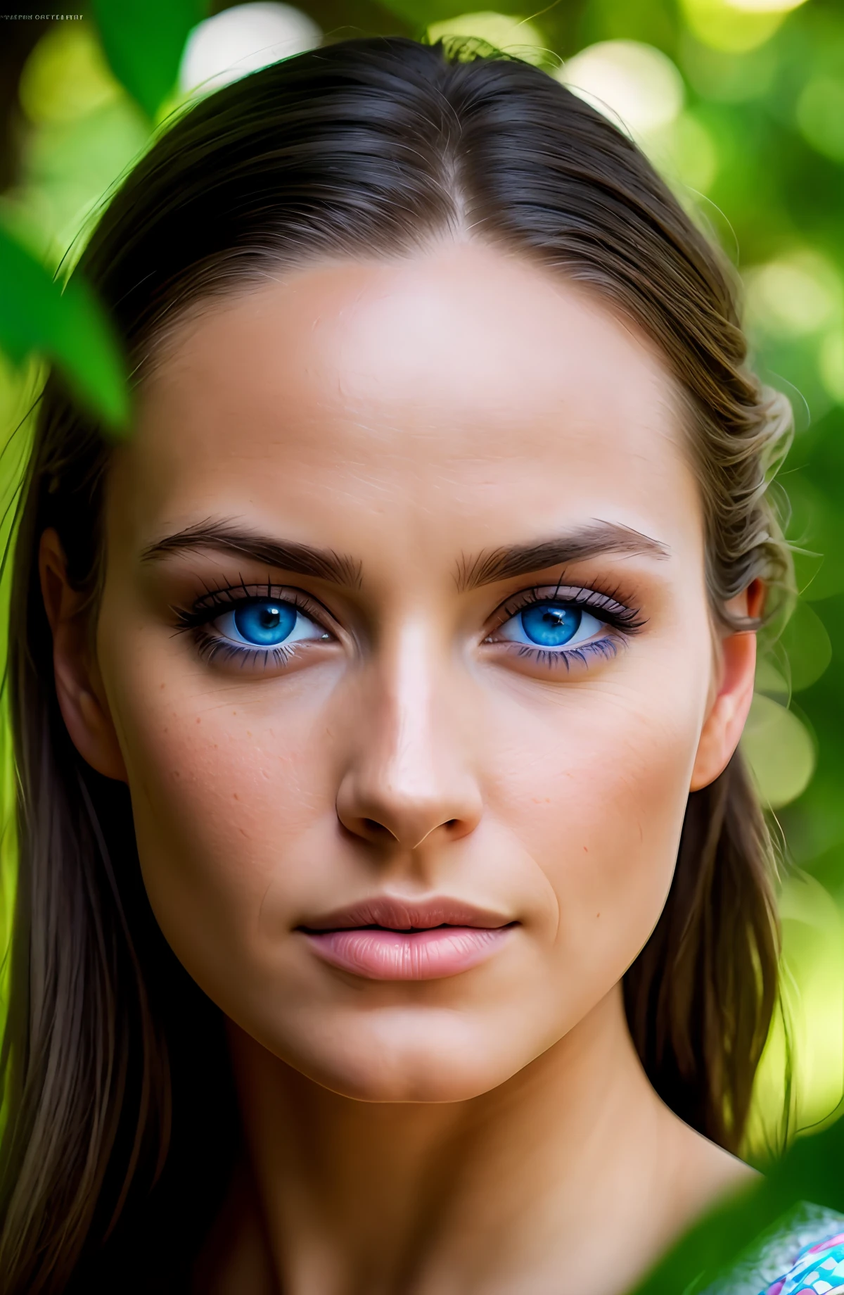 a close up of a woman with blue eyes and a green background - SeaArt AI