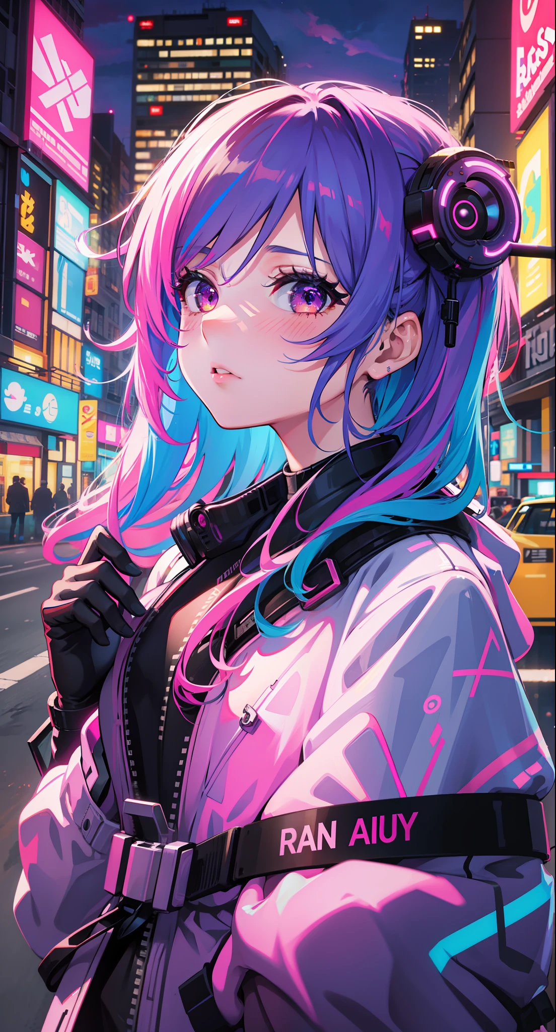 1girl,Creative hair,Rainbow Hair,City streets,fisheye,neon cold lighting, cyberpunk, blush, Waist Shot,Detailed face details,dynamic pose, rim lights,