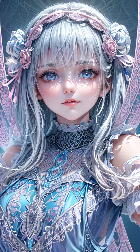 (1girl with white angel wings, slender, silver ornaments, silver hair:1.2), masterpiece, best quality, absurdres, wide angle, bloom, glow, (very light blue and light pink lace frills dress, geometric arabesque patterns, abstract zentangle background:1.4), ...