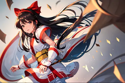 masterpiece, best quality,1girl, solo, nakorurums, red bow, bow, long hair, hair bow, ainu clothes, solo, hairband, black hair, fingerless gloves, short sleeves, gloves, sash, bangs, red hairband, breasts, brown eyes, white pants, japanese clothes, masterp...