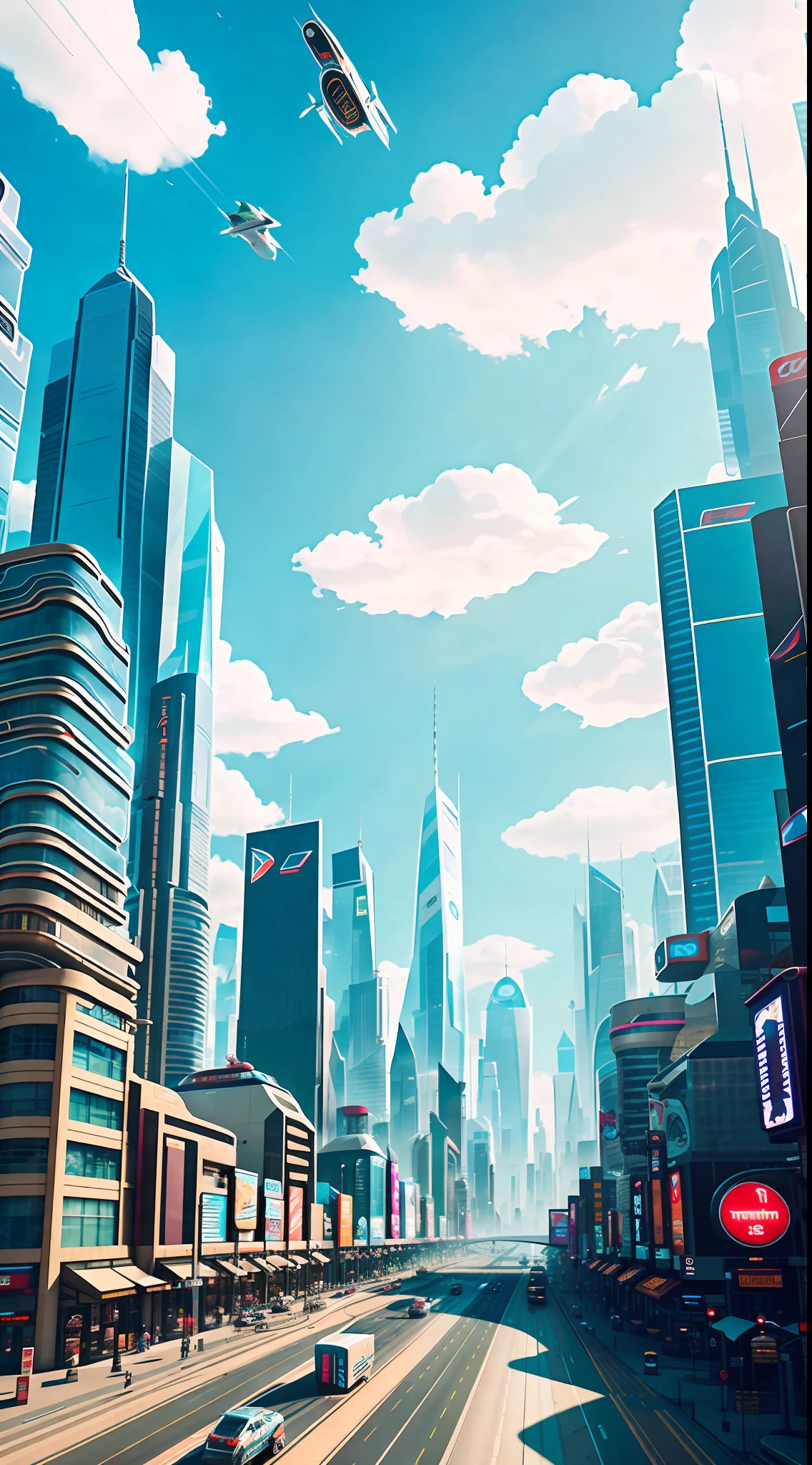 Bustling futuristic cityscape with skyscrapers and hovercars in between. In the middle is the road, on both sides are various shops and buildings, blue sky and white clouds. Justin Maller's overall tone is lighthearted and whimsical
