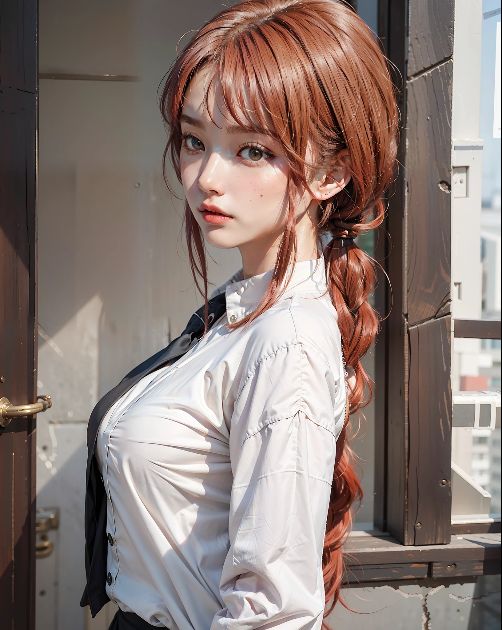 Best quality, masterpiece, big boobs, (large breasts), detailed skin texture, detailed cloth texture, detailed face, super detail, 8k, intricate detail, 1girl, detail eyes, very red hair