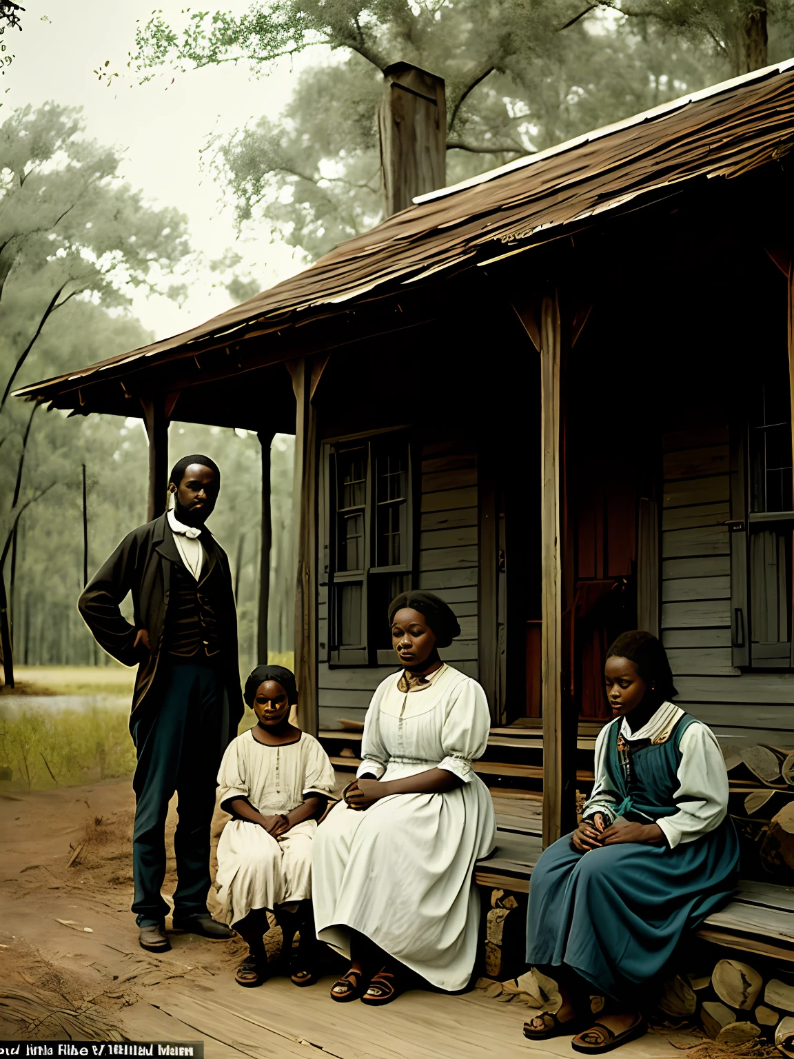 poor escaped slave family sitting on a porch in the great dismal Sumpf, Sumpf, Dokumentarfilmqualität, leichte Bewegungsunschärfe, Filmstill, 19. Jahrhundert