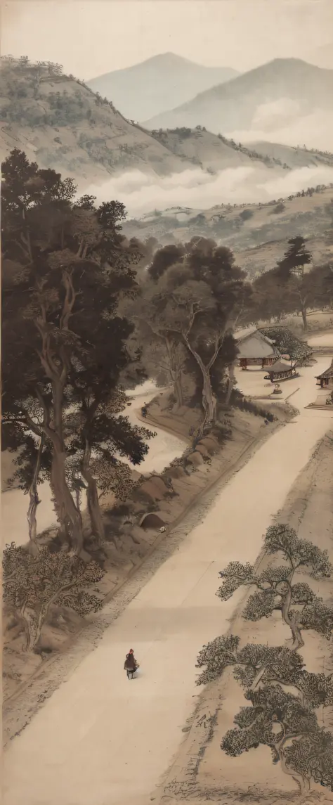 Landscape painting with trees and mountains as the background, dotted with huts, dotted pedestrians, Bada Shanren, Xu Wei, landscape, a painting, ancient Chinese painting, the picture is not too full