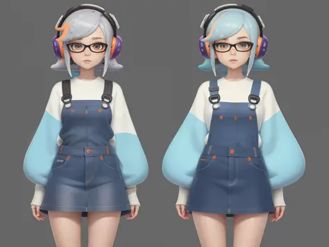 Splatoon, splatoon style, CG drawing style, cute beautiful girl, beautiful detailed face, ultra-detailed captivating eyes, fun and playful hairstyle, gray blue hair, orange sweater, light blue short skirt, head to body ratio is about 1:3 or 1:4, white back...