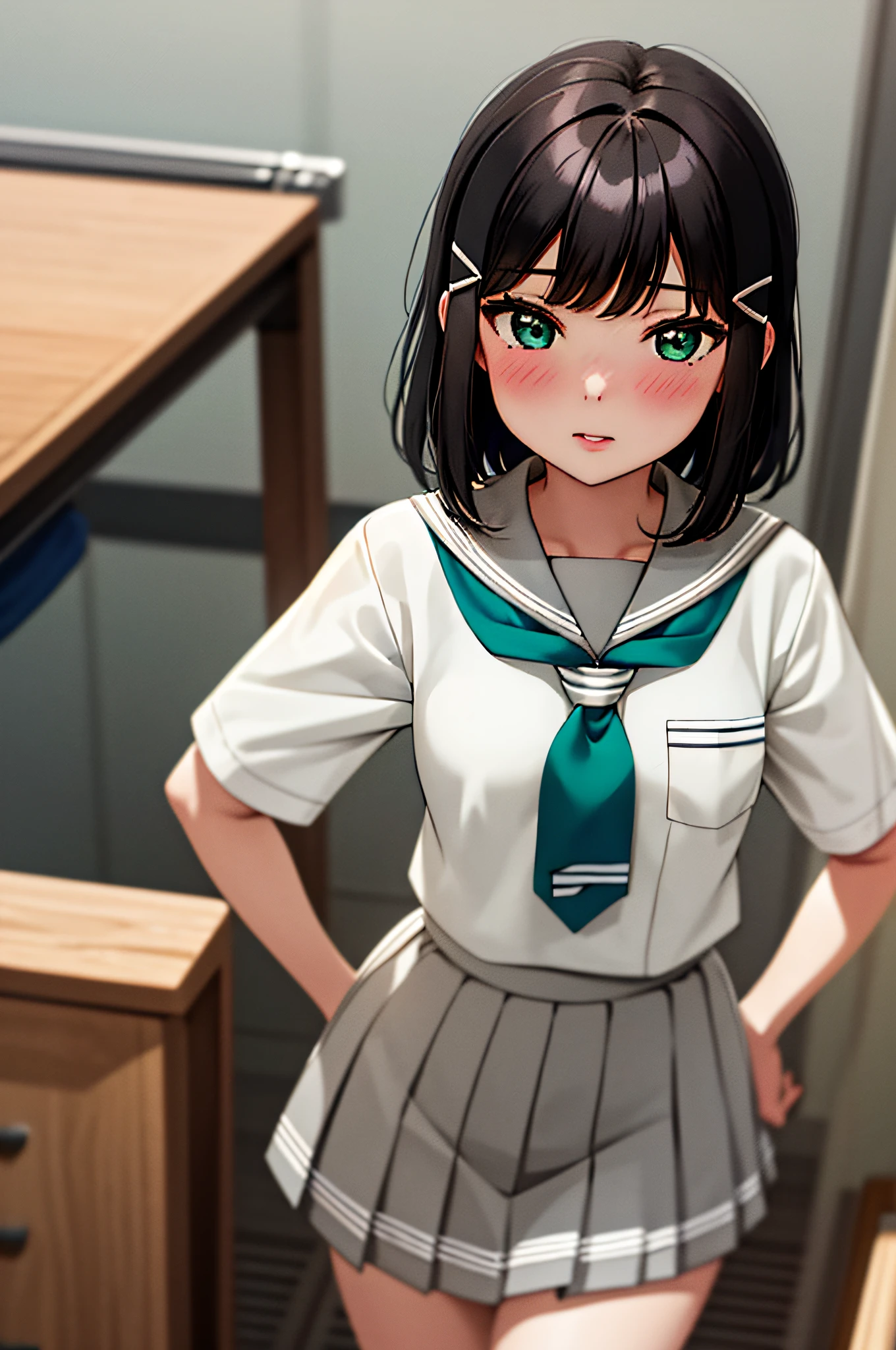 masterpiece, best quality, 1girl, bob hair, middle breast, uranoboshi school uniform, school uniform, short sleeve, pleated skirt, white seravuk, neckerchief, gray skirt, gray sailor color, tie clip, green neckerchief, green eyes, hair ornament, hair clip, parted lips, blush, classroom,