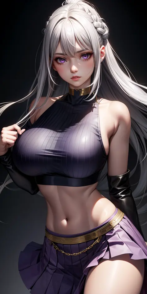 Realistic, girl two, gray hair, purple eyes, shining eyes, crop top, skirt, parted lips, big breasts