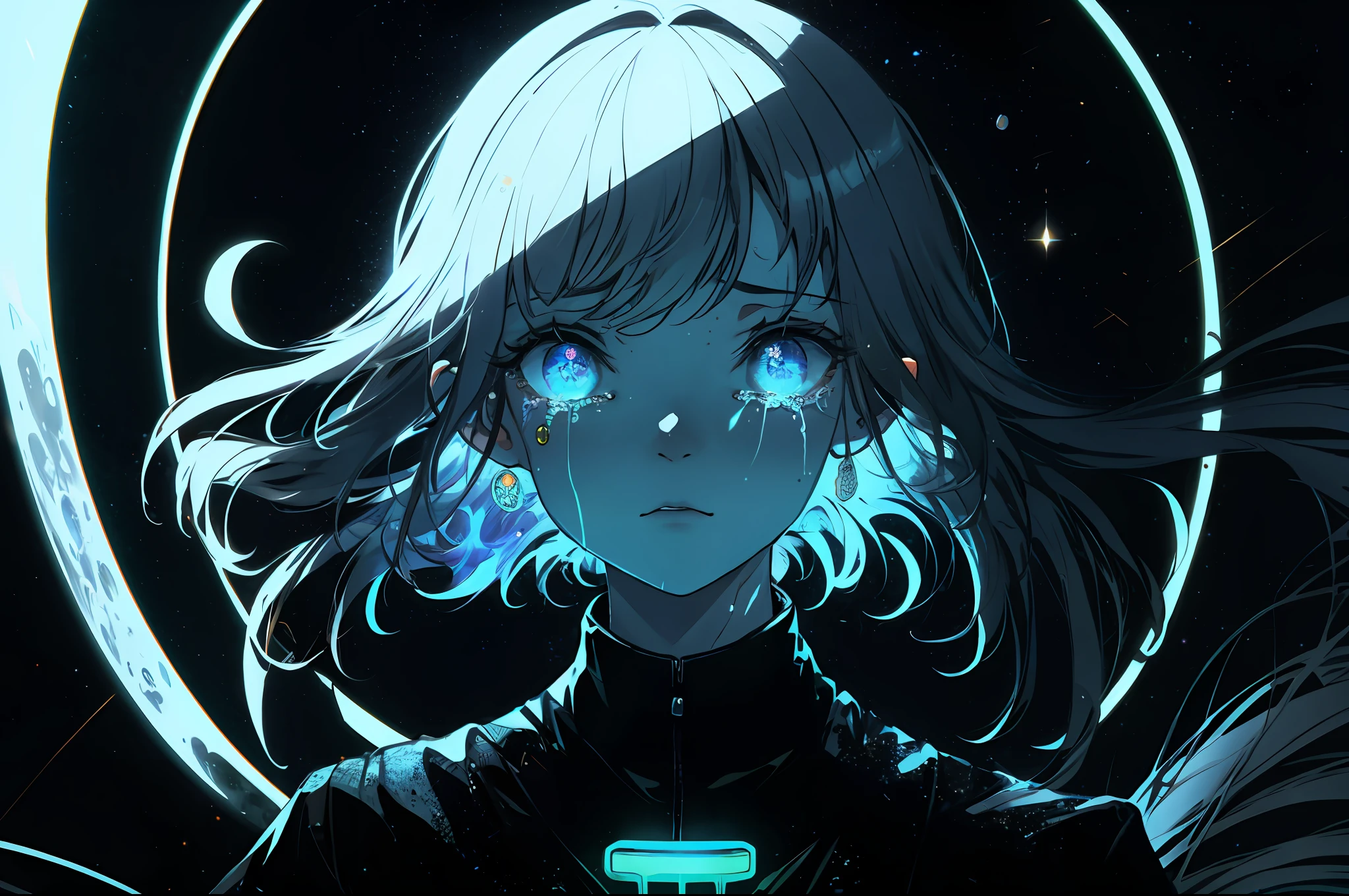 8k wallpaper, ultra detailed, lots of small details, finely detailed, Solo, stary sky, moon light, outer space, oversized shirt, glowing eyes, detailed background, neon trim, neon lights, glowing tattoo, ray tracing, (glowing particles:1.1), (crying, hair fan), (sunrise, magical, floating tears), wet, water, detailed eyes, large eyes, glowing hair,