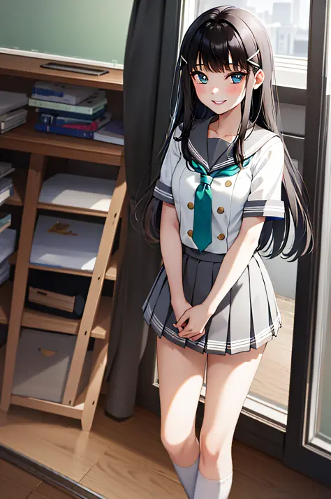 masterpiece, best quality, 1girl, long hair, middle breasts,school uniform, short sleeves, pleated skirt, white seraphuk, necker...