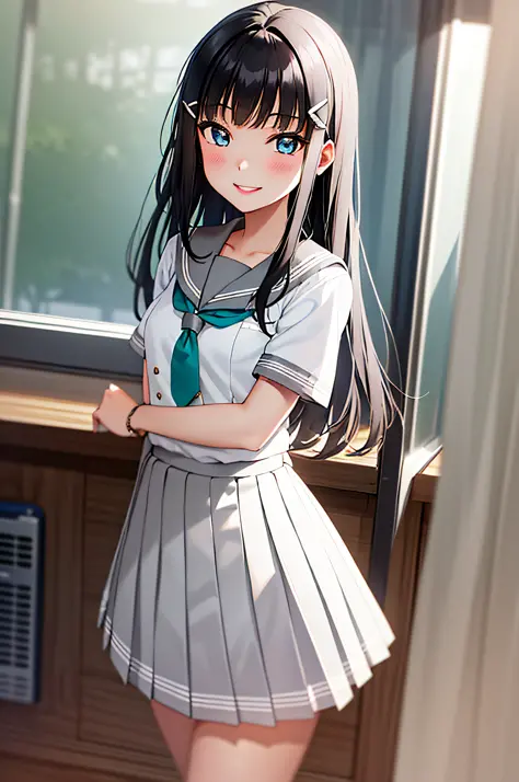 masterpiece, best quality, 1girl, long hair, middle breasts,school uniform, short sleeves, pleated skirt, white seraphuk, necker...