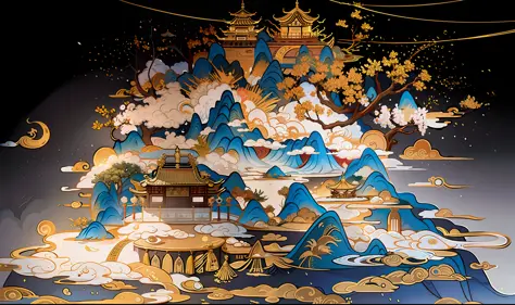 Ancient Chinese painting, mountains, rivers, auspicious clouds, pavilions, sunlight, white background, gilt hook line, gilt, masterpiece, super detail, epic composition, ultra hd, high quality, extremely detailed, official art, unified 8k wallpaper, super ...