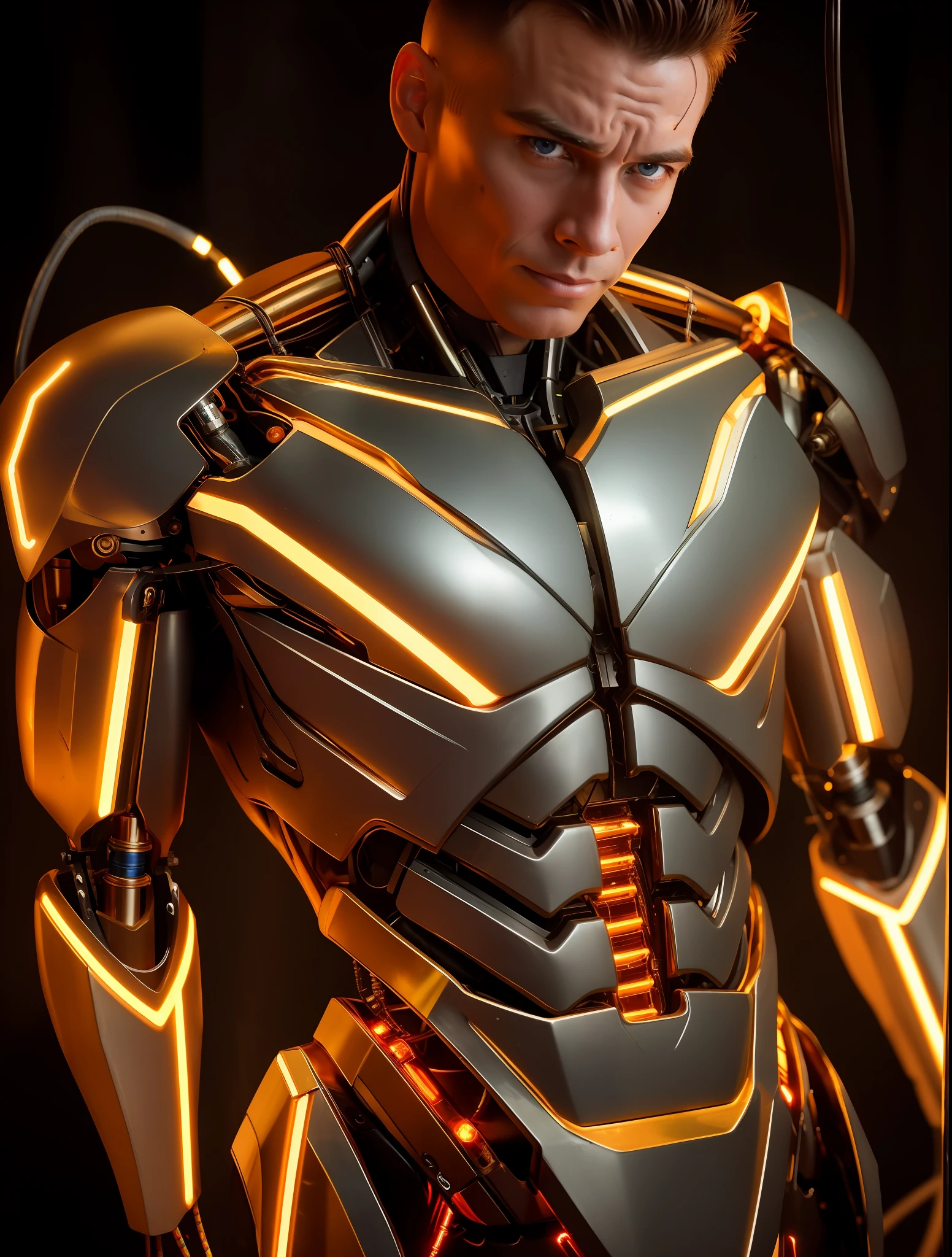 Hombre cyborg musculoso muy atractivo, Cables expuestos, Aceite de oro goteando de cables oxidados, luces, claroscuro de iluminación espectacular,