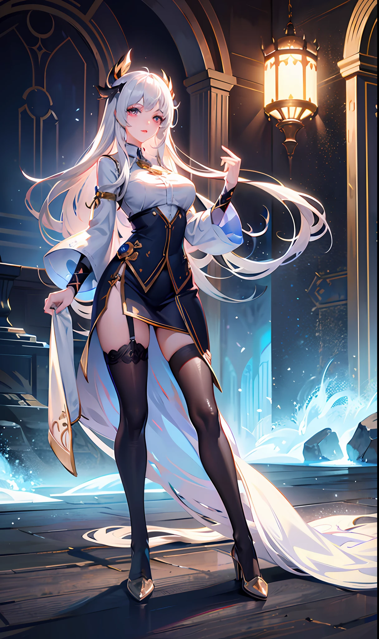 castle background, throne, cloud, glass, mountain, movie light, 1 girl, long hair, solo, standing on one leg, garter, thighs, dress, looking at the audience, very long hair, standing, silver hair, full body, smile, white hair, leg up, a girl, the best quality, masterpiece, illustration, an extremely delicate and beautiful, very detailed, CG, unity, 8k wallpaper, amazing, fine details, huge file size, super detailed, high resolution, extremely detailed, beautiful meticulous girl, Extremely detailed eyes and face, beautiful detailed eyes,