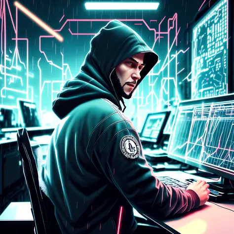 arafed person in a hoodie sitting at a desk with a laptop anonymous mask of Guy Fawkes, hacker, hacking, mainframe hacking, blue matrix code, cyberpunk hacker, man stealing computers, photo discovery, hacking effects, cyber style, cyber warfare, crazy hack...