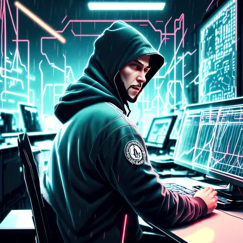 arafed person in a hoodie sitting at a desk with a laptop anonymous mask of guy fawkes, hacker, hacking, mainframe hacking, blue...