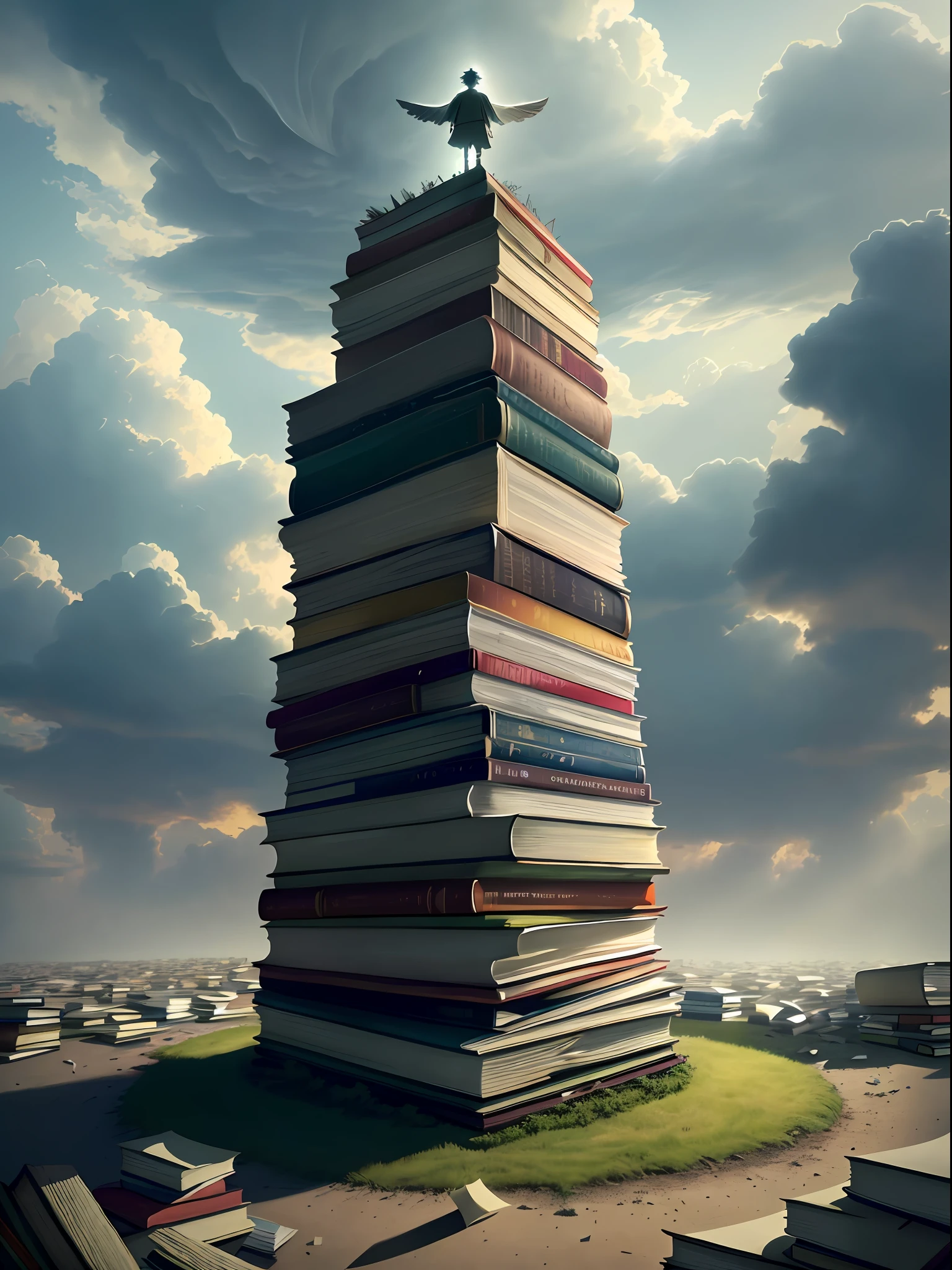 A huge (monster) piled up with many books, its hands have