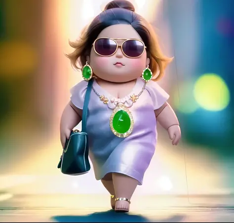 The big head small body doll gold hair, wearing cool black sunglasses and an red LV bag is walking on the street, dress pink clo...