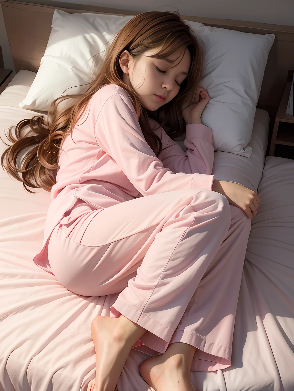 arafed woman in pink pajamas laying on a bed with her head on a pillow, wearing pajamas, with soft pink colors, wearing white pajamas, wearing a baggy pajamas, sleepwear, lying in bed, lying at the bed, good night, laying on a bed, laying in bed, some pink, sleepy, pink clothes, posing in bed, ((pink))