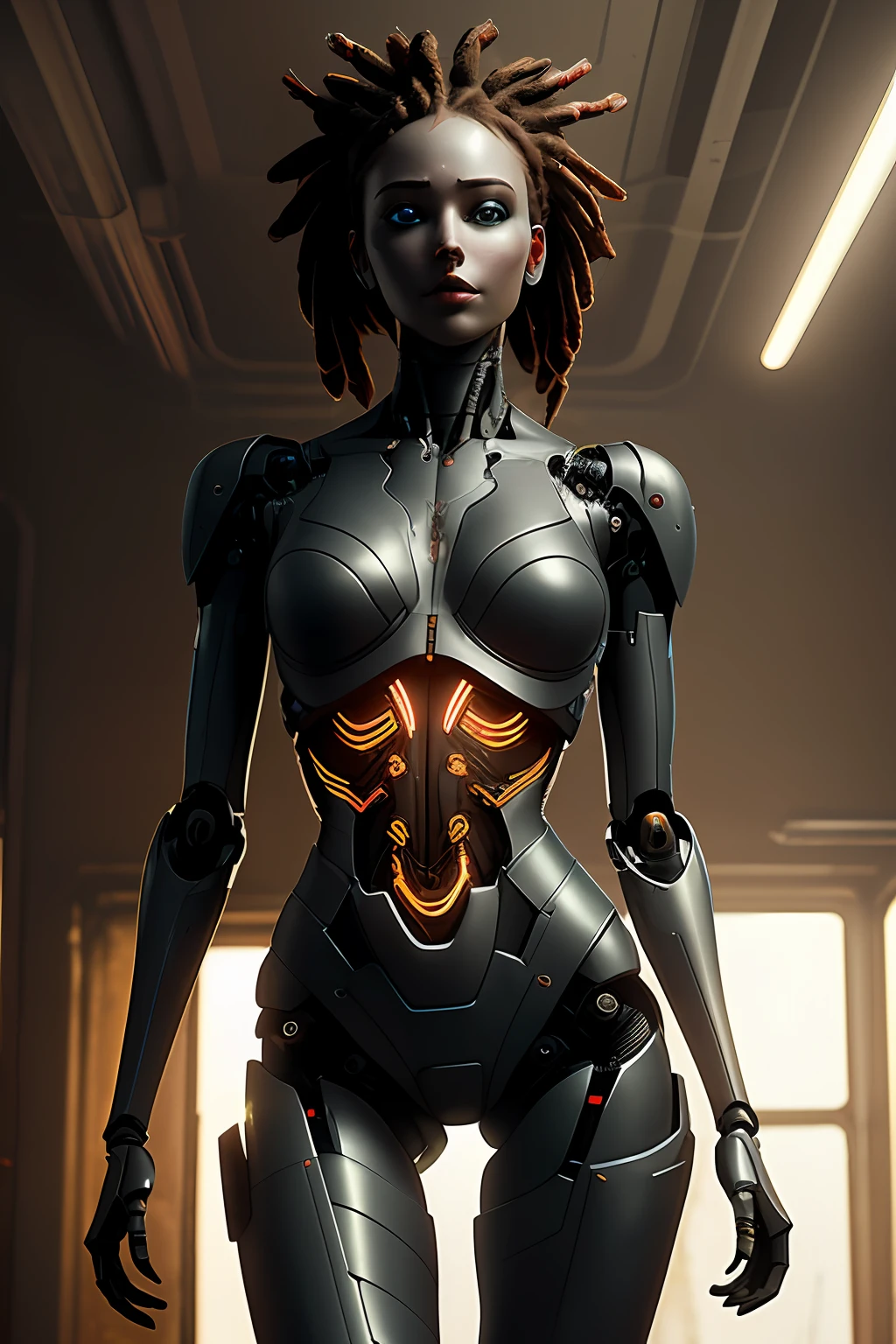 Dark background, hyper real photo of ((cute robot girl with dreads inside a dark room wearing sexy worn-out torn dress)), With wires on the head, sexy feminine body, ((detailed realistic face and eyes)), cybepunk, cinematic lighting, 8k resolution, (modelshoot style), neon, (from_below:1.4), soft small boobs covered by (ripped torn cotton tanktop), Cables instead of hair, natural breasts, rim light, (A photo from the centerfold of a men's magazine, the winner of the world photo award, a photo that causes sexual attraction in any man)