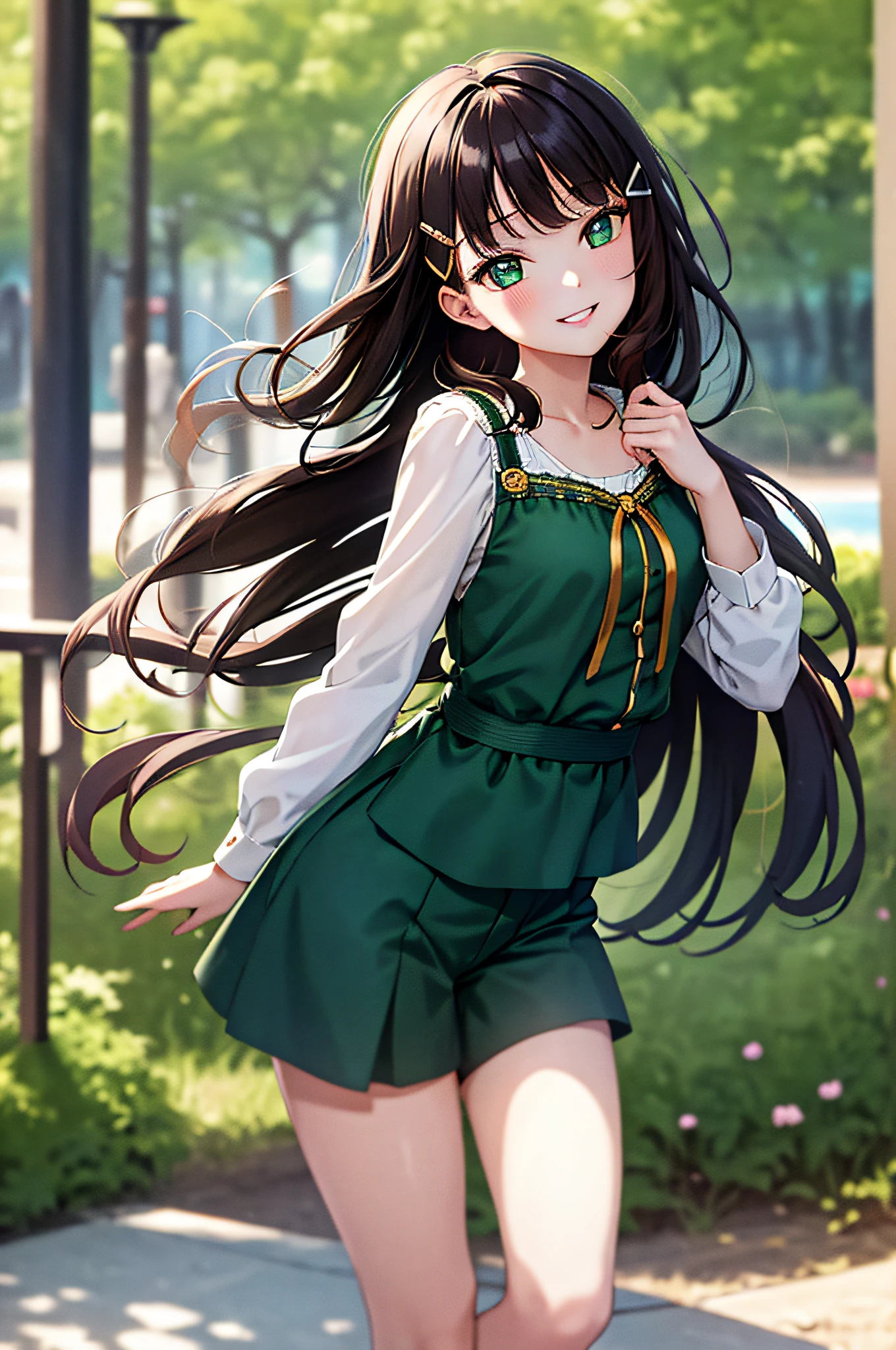 masterpiece, Best Quality, 1girl, Long hair, Middle breasts,Shorts, Blouse, Green eyes, Hair ornament, Hair clip, Parted lips, Smile,Park