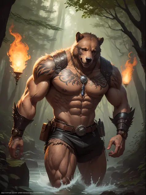 Man athletic physique, tattoos, werewolf bear, brown skin, steampunk details, in the woods, art by Ralph Horsley, waves, digital art, style by Jean Baptiste Monge,
Bright, beautiful, explosion