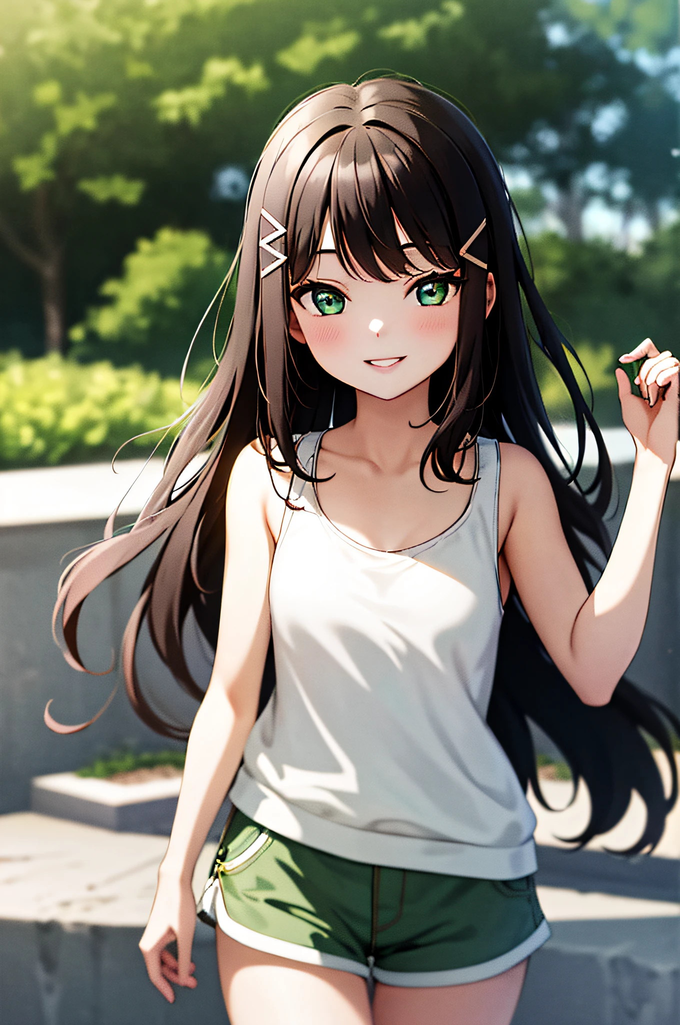 masterpiece, best quality, 1girl, long hair, middle breasts,shorts, tank top, green eyes, hair ornament, hair clip, parted lips, smile,park