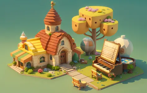 cartoon, architecture, pixar style, cartoon style, polygon, game architectural design, fantasy, charming concert hall, grand piano, bar, table, musical instrument, stone, brick, grass, flower, trees, casual game style, creative, best detail, 3d, blender, m...
