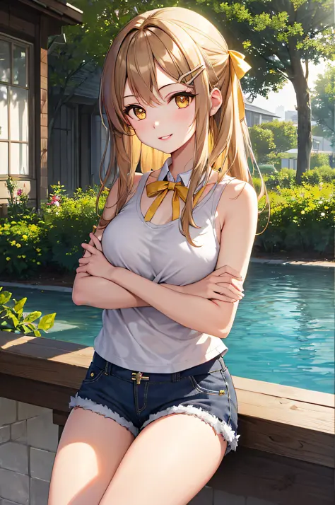 masterpiece, best quality, 1girl, middle hair, middle breasts,shorts, tank top, yellow eyes, ribbon, hair clip, parted lips, smi...