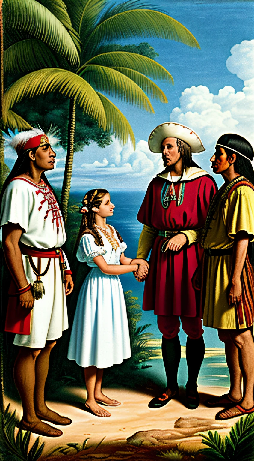 Scène historique de Christophe Colomb en tenue d’explorateur, rencontrer des Amérindiens vêtus de vêtements traditionnels, dans un paysage luxuriant des Caraïbes, Curiosité et respect mutuels, Style photoréaliste.