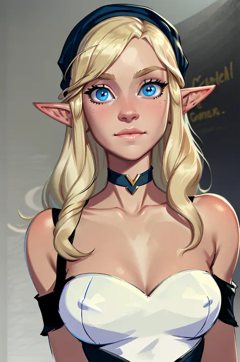 masterpiece, best quality, concept art of a beautiful happy blond elven sexy , blue eyes, wearing a regal black puffy shoulderle...