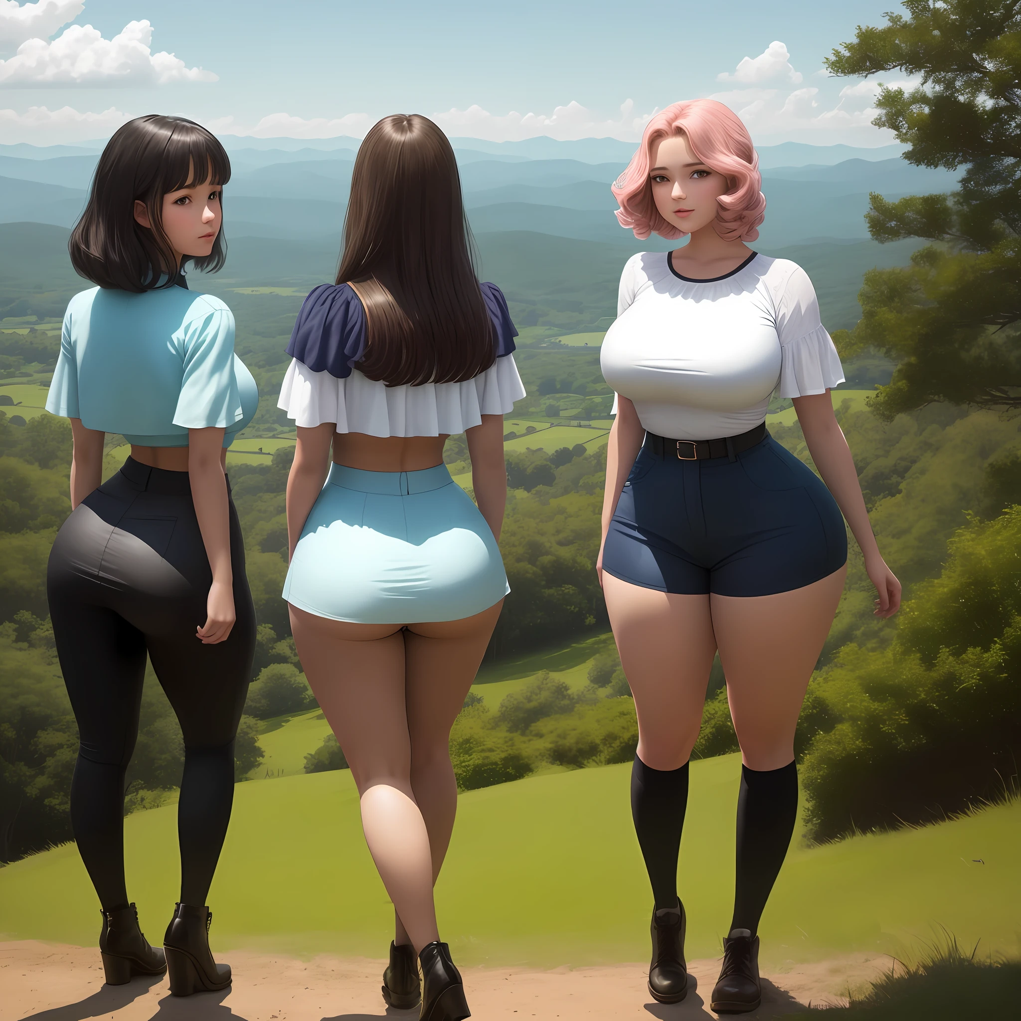 Three women in short shorts and high heels standing on a hill - SeaArt AI