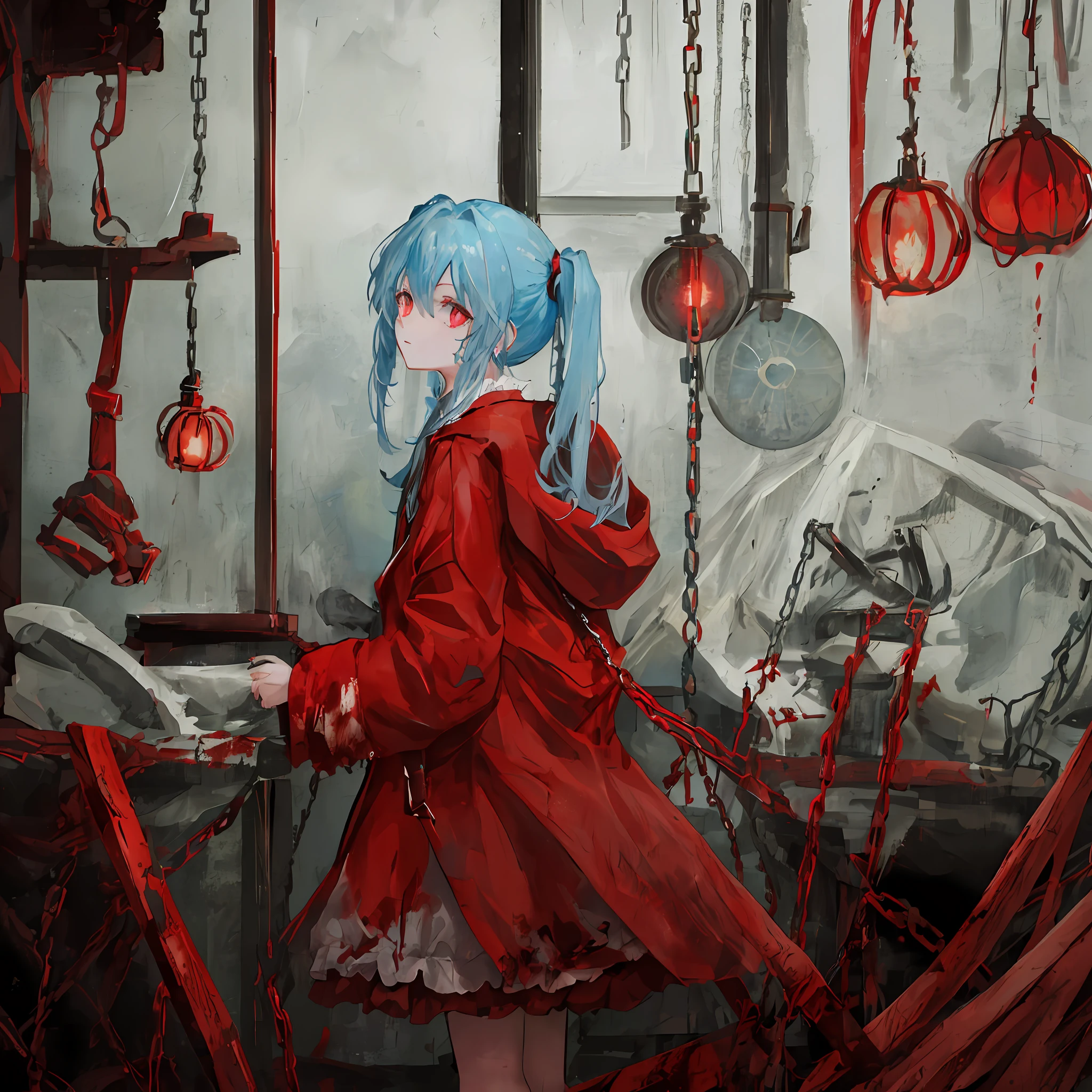 1 girl, light blue hair, medium length, pigtails, red eyes, serene expression, blood, chains, draws, picture, looks at the viewer, green clothes, red raincoat, room, perfect lighting