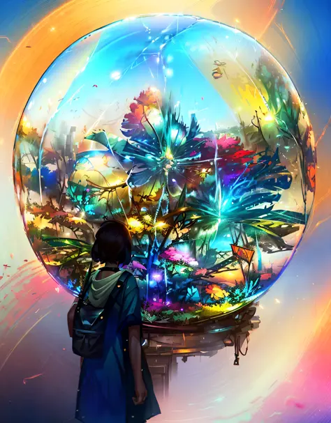 there is a woman standing in front of a glass bowl with flowers inside, dreamy psychedelic anime, makoto shinkai cyril rolando, ...