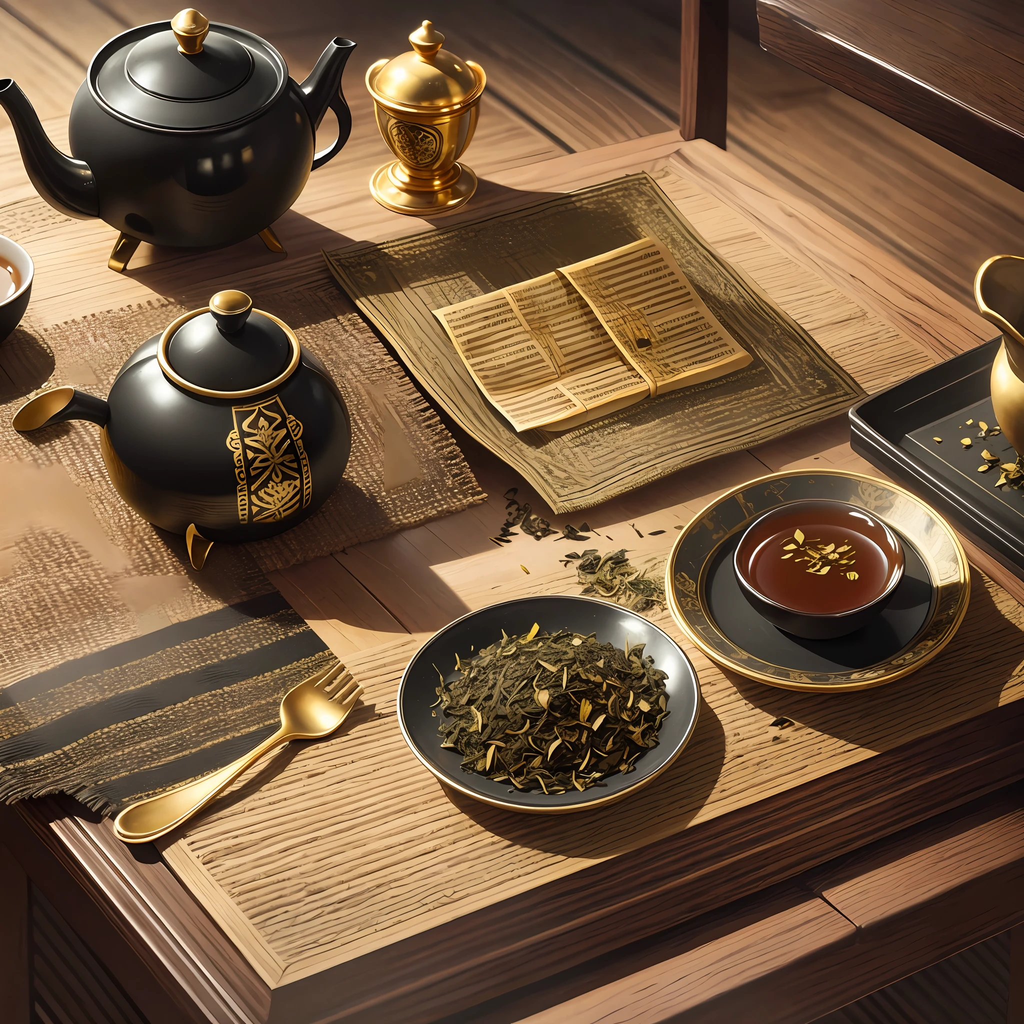 Auf dem Tisch liegen in Schwarz und Gold eingewickelte Teebeutel, daneben sind verstreut Teeblätter --auto --s2