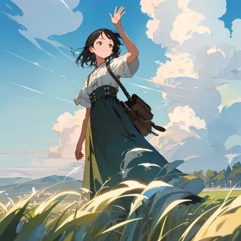 ((masterpiece, best quality, highest quality, illustration, intricate details)), blue sky, white clouds, grass, 1 girl waving in the distance, back to the camera, fresh style, fresh tone, rich color, high saturation, depth of field, outdoors, Miyazaki styl...