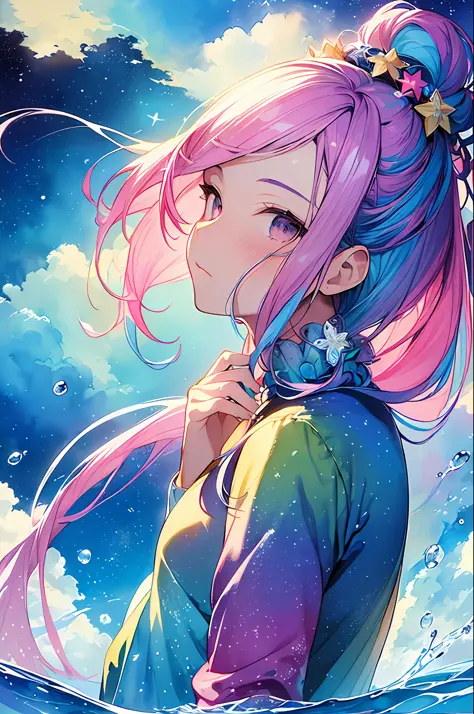 (masterpiece, top quality, best quality,watercolor (medium),official art, beautiful and aesthetic:1.2),(1girl:1.3), (fractal art:1.3),upper body, from side, looking at viewer,patterns,(rainbow color Hair,colorful hair,half blue and half pink hair:1.2),wate...
